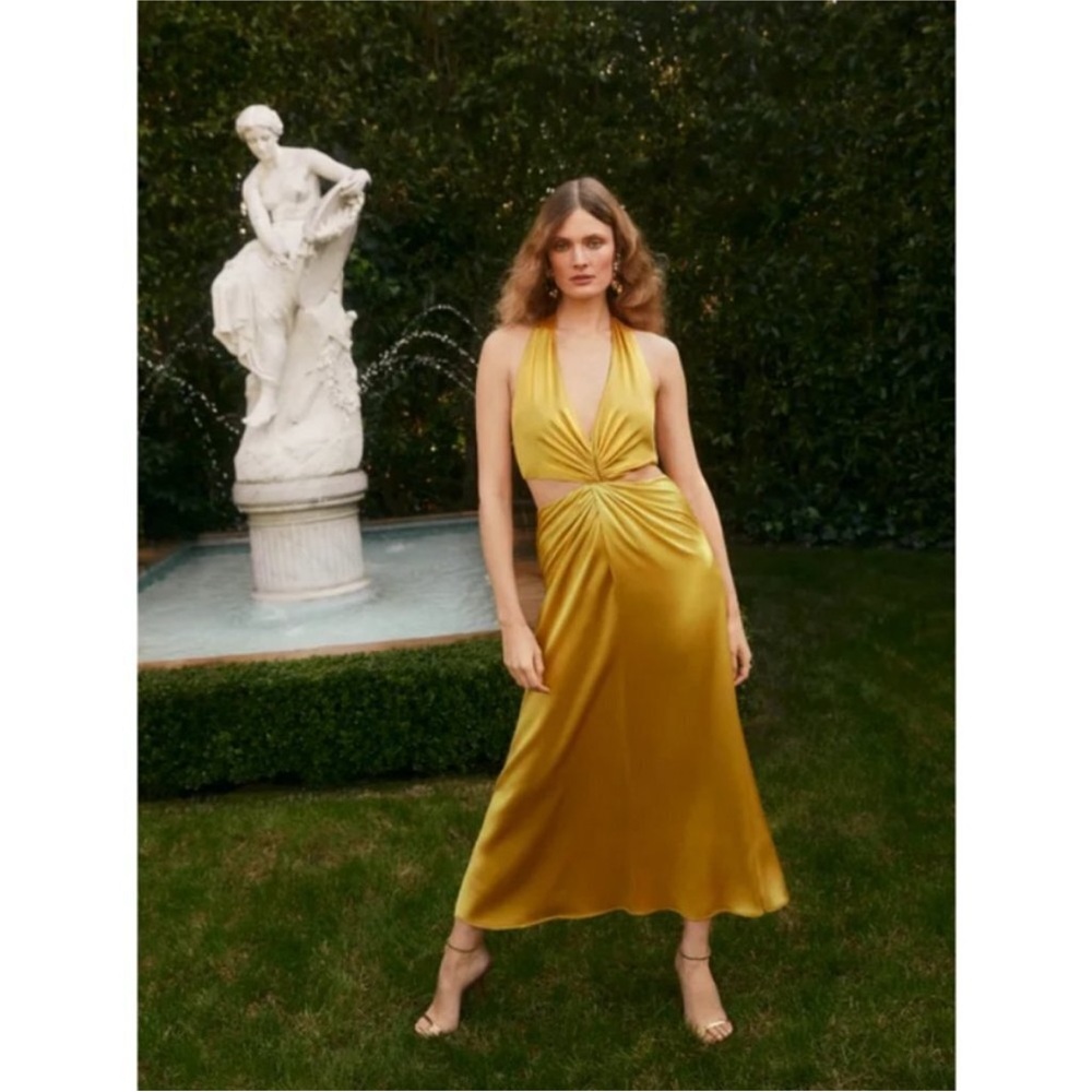 Reformation dress: gold event dress. Halter top (size 4). FRESHLY DRY CLEANED - Picture 7 of 11